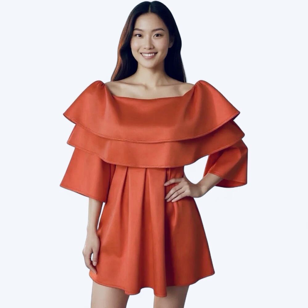 Asos Womens Mini Dress 0 Orange Pink Off the Shoulder Ruffle Fit & Flare Stretch